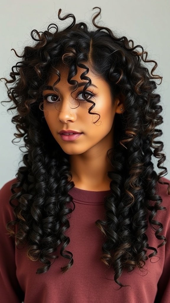 A person with long curly hair styled with a mid-fade haircut.