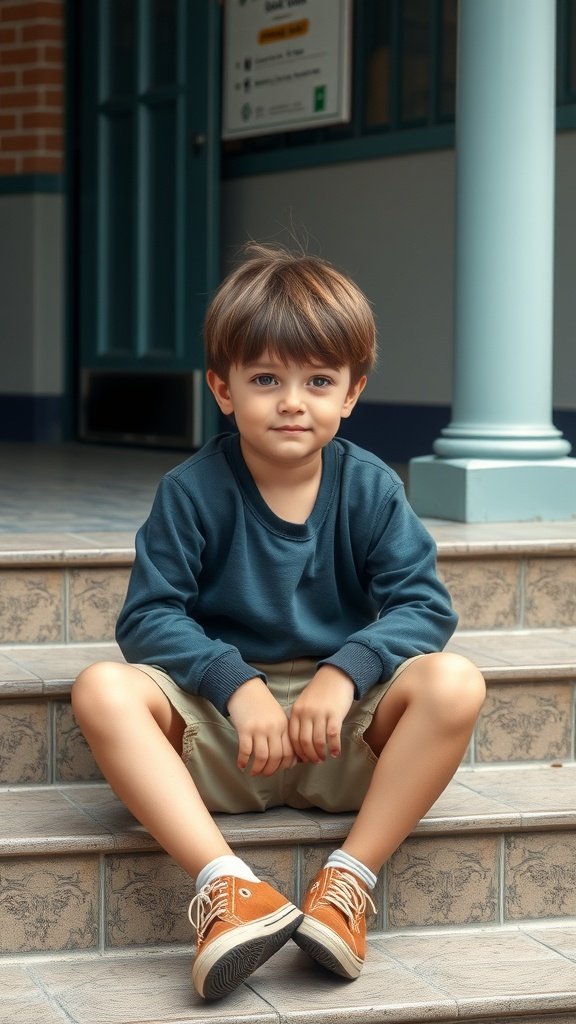 A young boy with a long fringe hairstyle sitting on steps, wearing a blue sweatshirt and beige shorts.