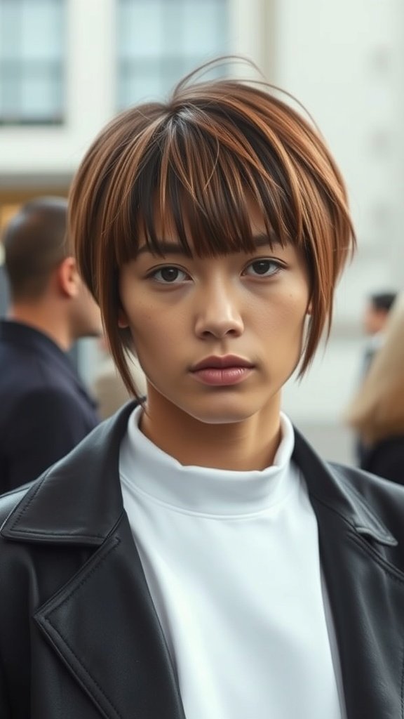 A person with a long fringe and tapered sides hairstyle, showcasing a modern and stylish look.