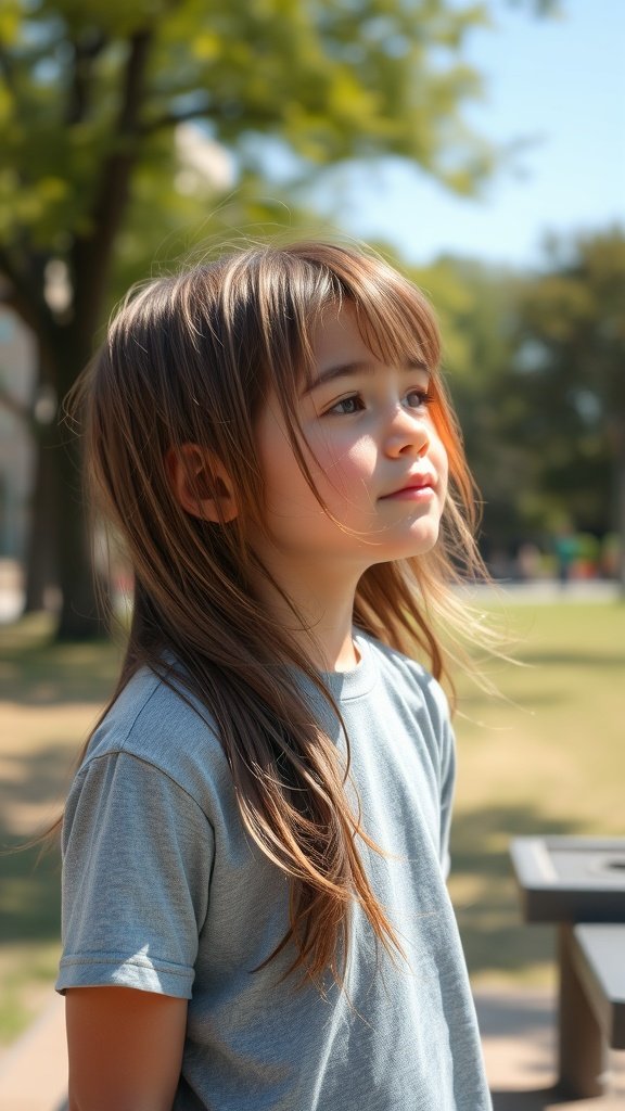 A young boy with long layered hair looking thoughtfully outdoors.