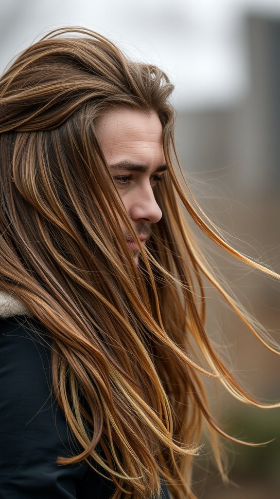 A man with long layered hair, showing movement and texture.