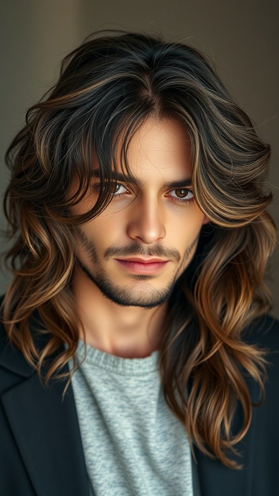 A man with long textured waves, showcasing thick hair with subtle highlights.
