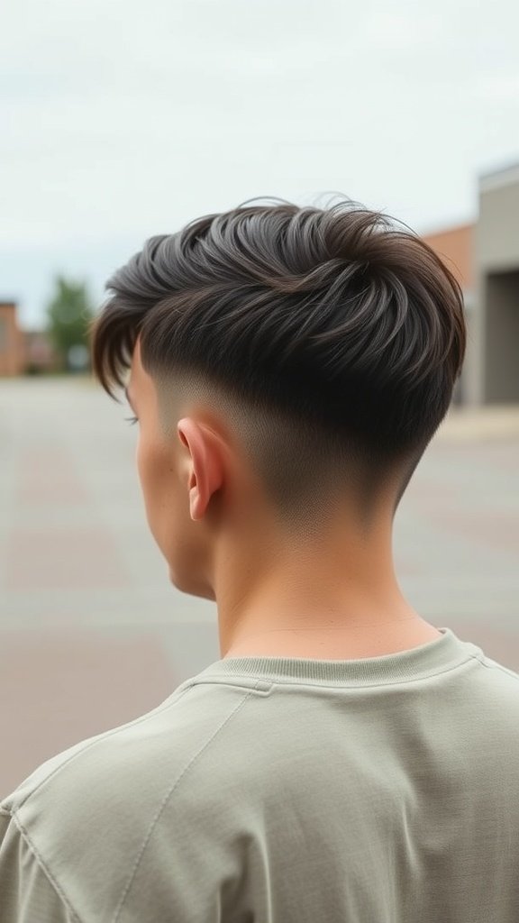 A young man with a long top fade haircut, showcasing longer hair on top and faded sides.