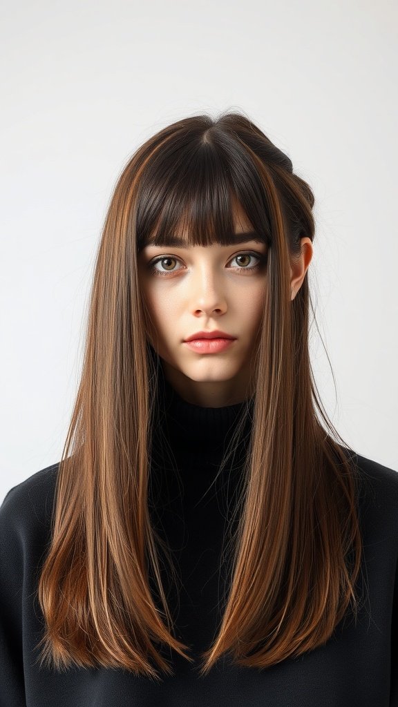 A model showcasing a long top haircut with an angular fringe, highlighting a modern and stylish look.
