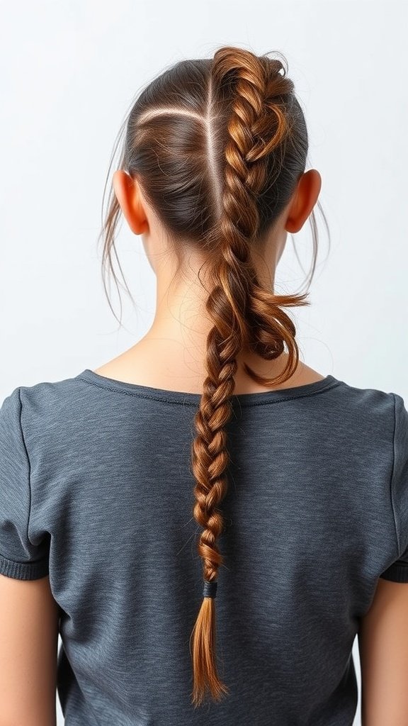 A hairstyle featuring a long top with a braided back.