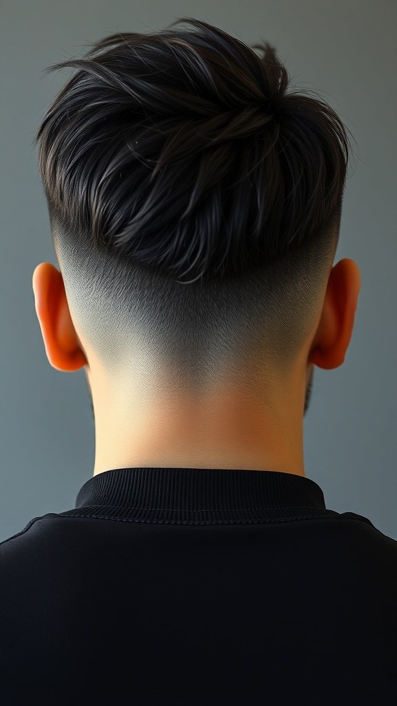 A stylish haircut featuring a long top and buzzed sides, showcasing a modern and clean look.
