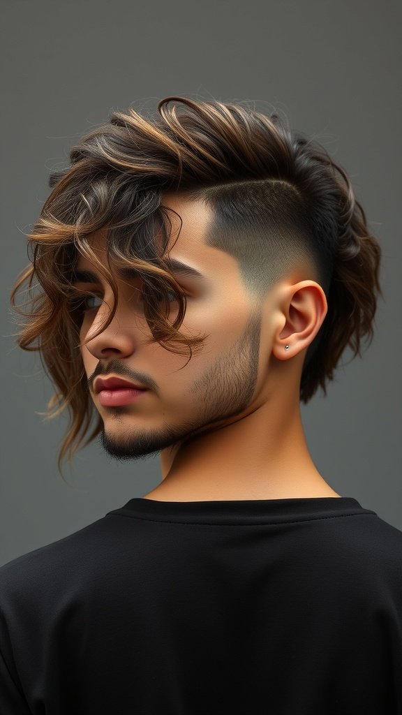A young man with long curly hair on top and a short undercut, showcasing a stylish haircut.