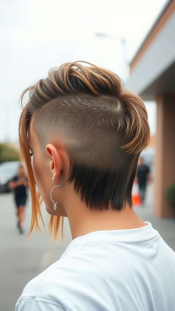 A stylish long top with fade haircut, showcasing longer hair on top and faded sides.