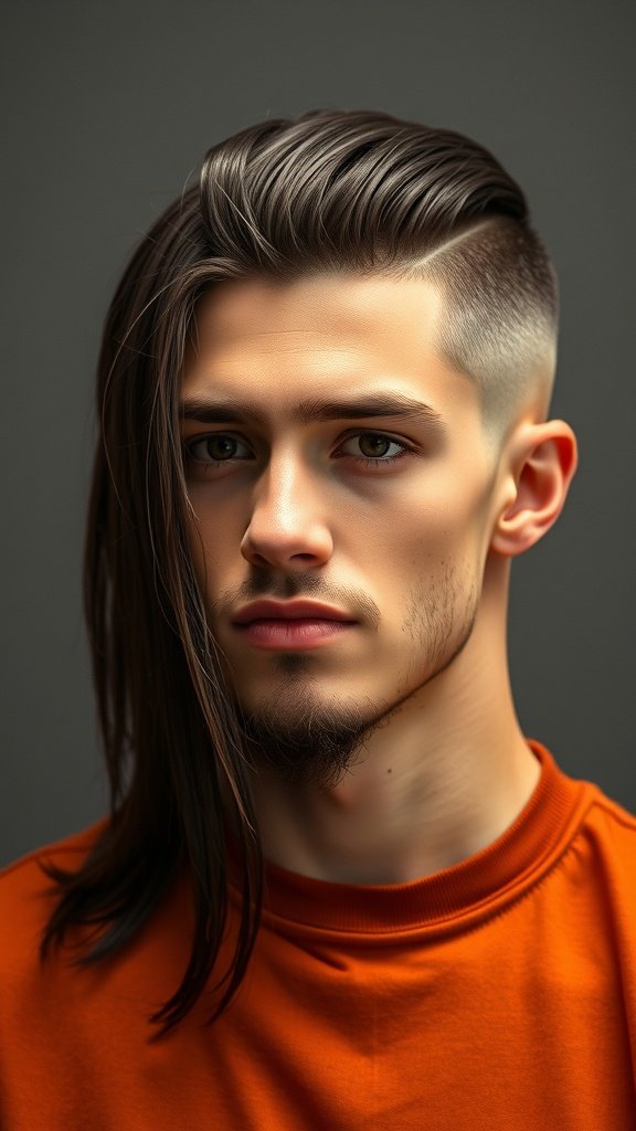 Man with long hair on top and high fade sides, showcasing a stylish haircut.