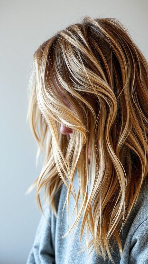 A close-up of long, shaggy textured hair with soft waves and highlights.