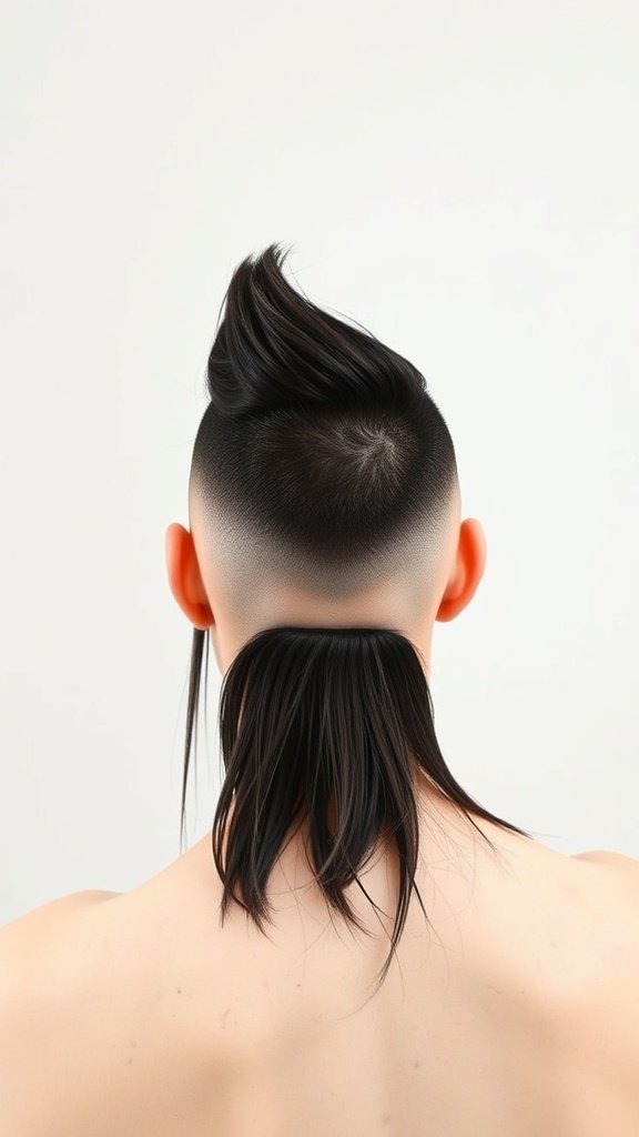 A unique hairstyle featuring long hair on top styled into a mohawk with shaved sides.