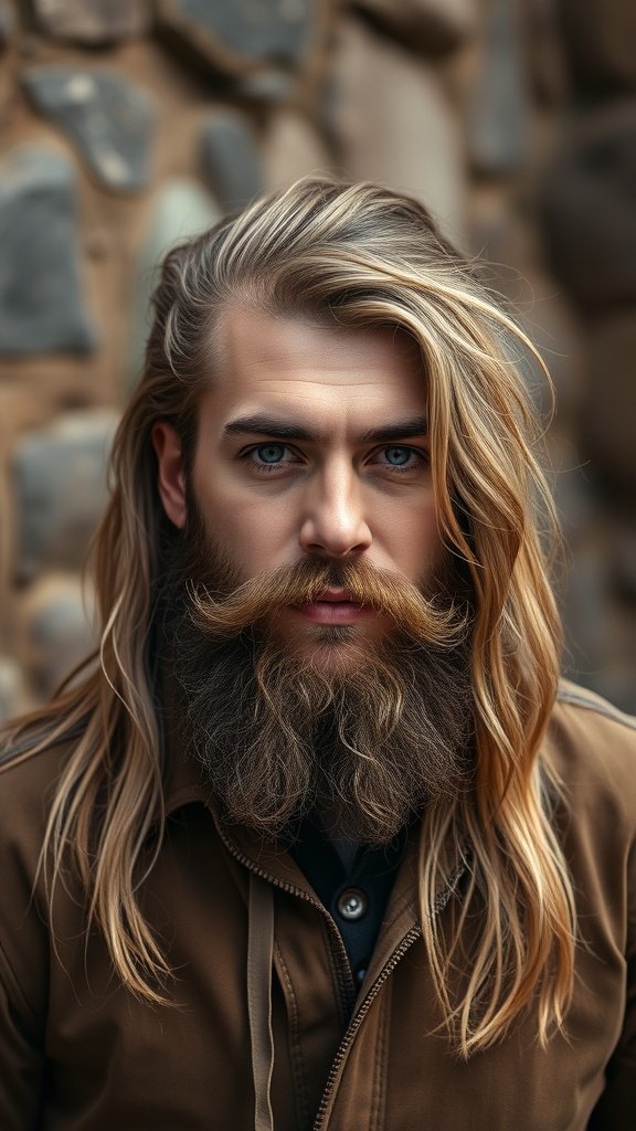 A man with long hair styled to one side and a full beard, showcasing a trendy haircut.