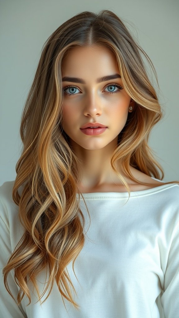 A model with long, wavy hair showcasing a stylish haircut.