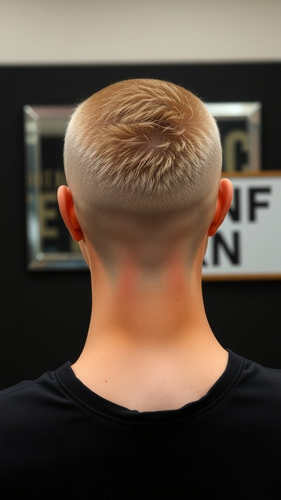 Back view of a man's haircut featuring a long top and subtle fade