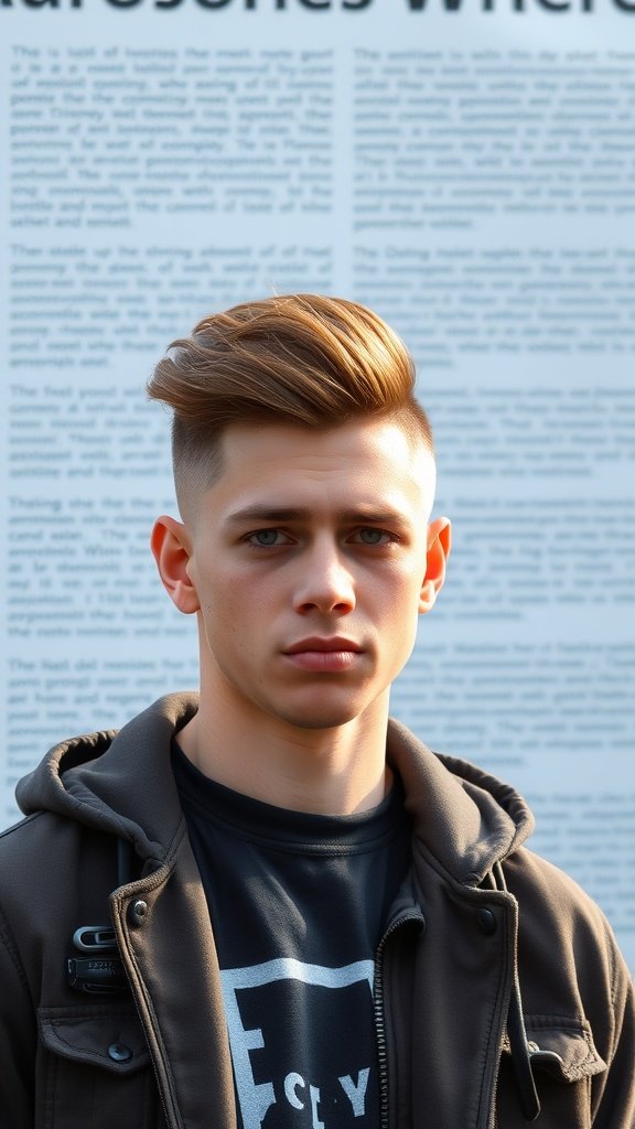 A young man with a longer crew cut hairstyle, showcasing volume on top and short sides, standing in front of a wall.