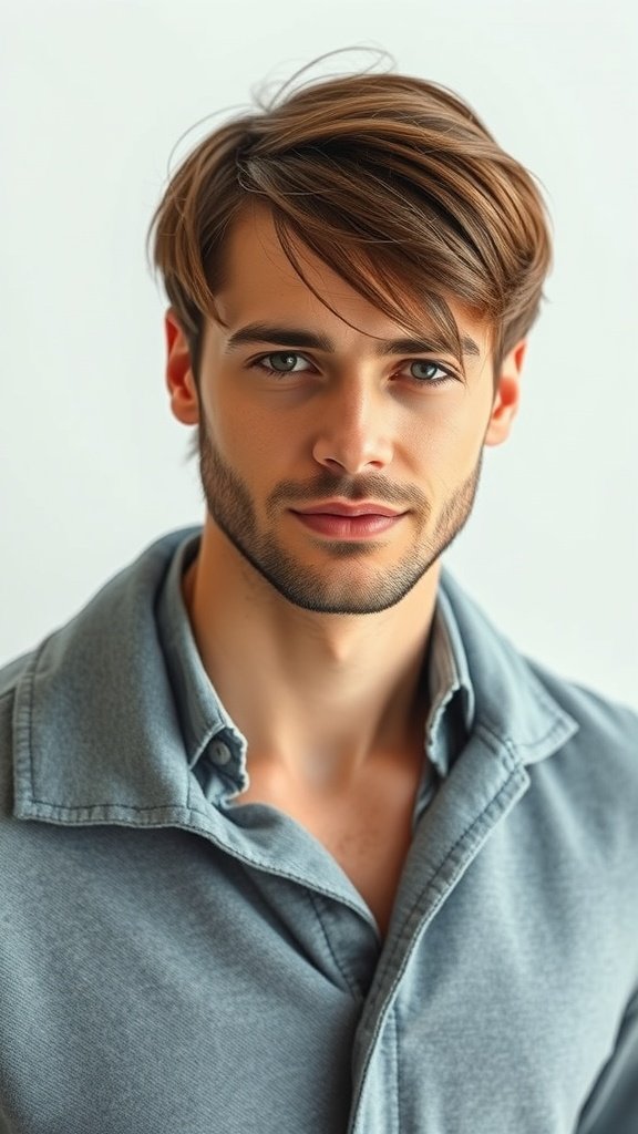A young man with longer side swept hair, wearing a casual shirt, showcasing a stylish hairstyle.