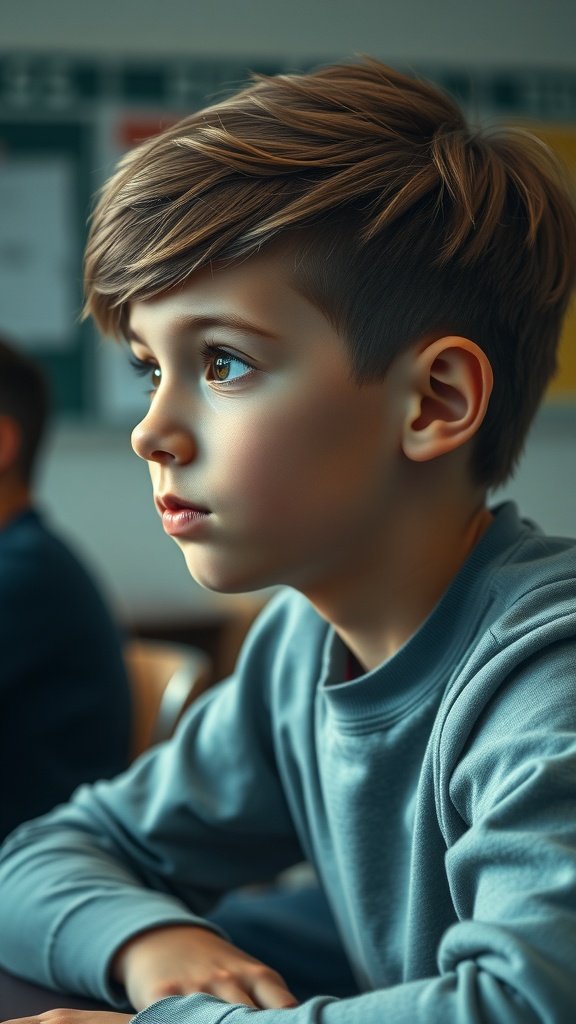 A boy with a longer textured crop haircut, looking thoughtfully in a classroom setting.