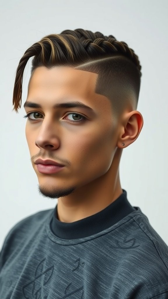 A young man with a low fade haircut and a braided top hairstyle.