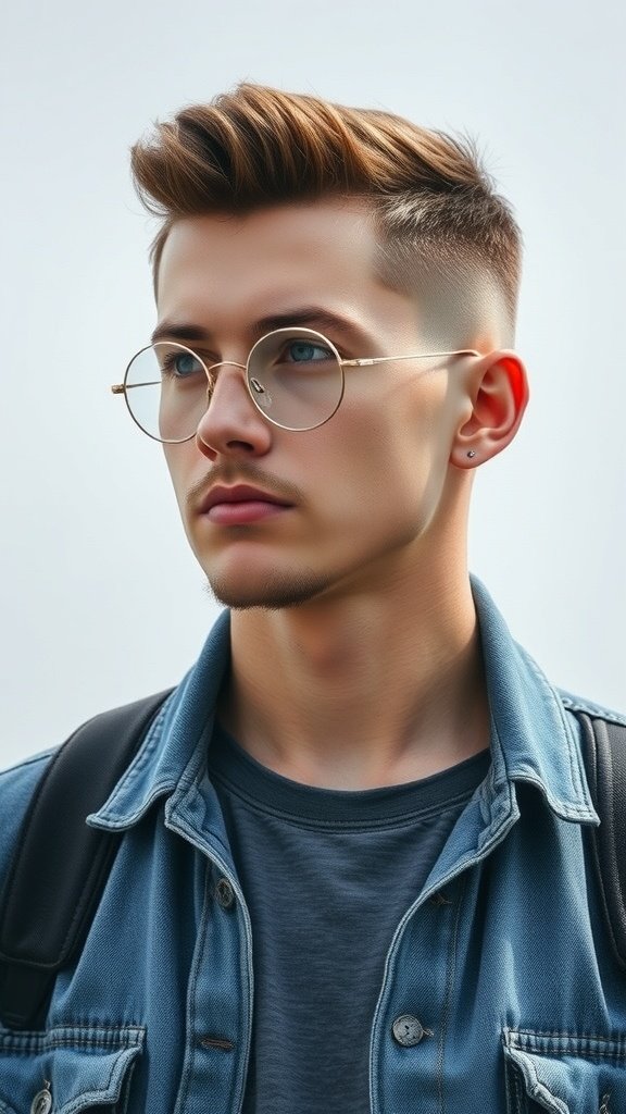 A young man with a low fade haircut, wearing glasses and a denim jacket, showcasing a casual look.