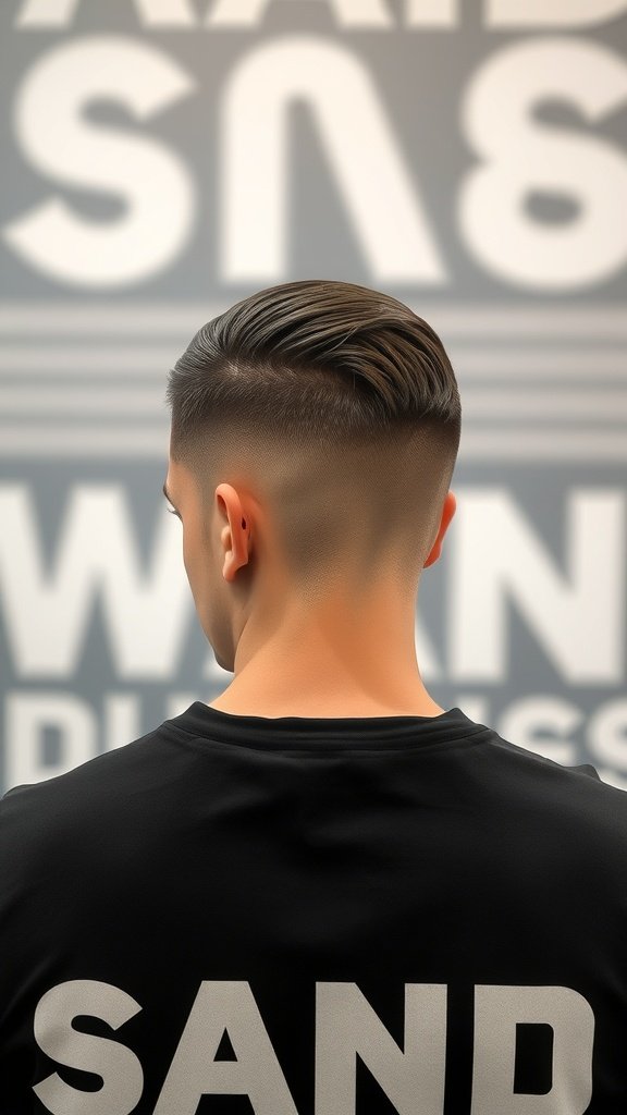 A young man showing a low fade haircut with a crew cut, viewed from the back.