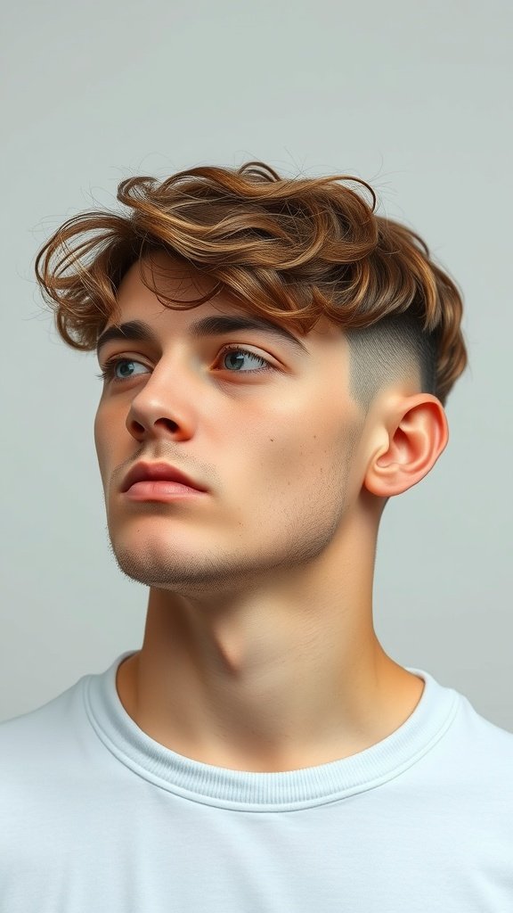 A young man with a low fade haircut and curly fringe, looking stylish and modern.