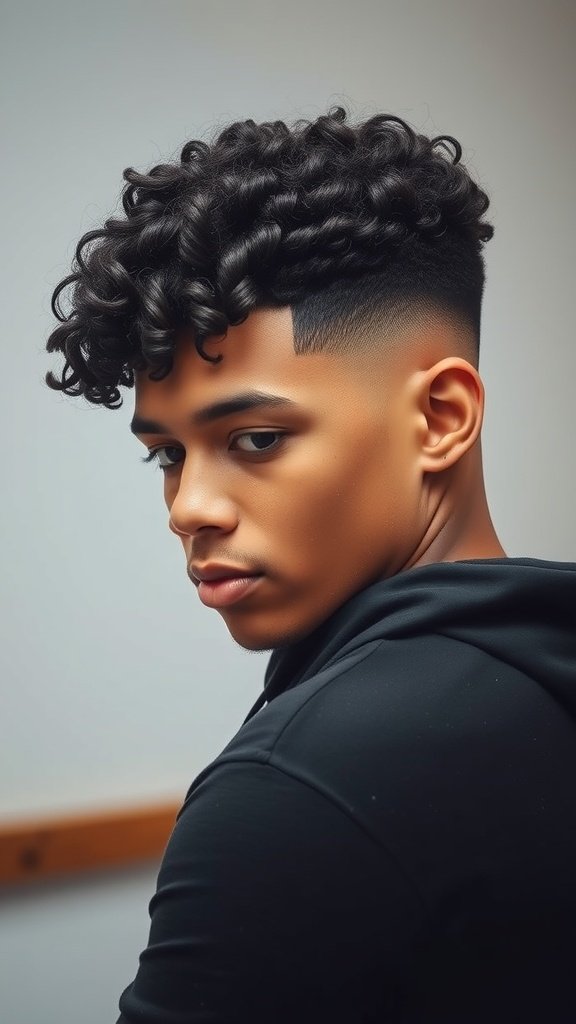 A young man with a low fade haircut and curly top, showcasing a stylish and modern look.