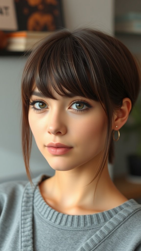 A woman with a low fade haircut and curtain bangs, showcasing a stylish and modern look.