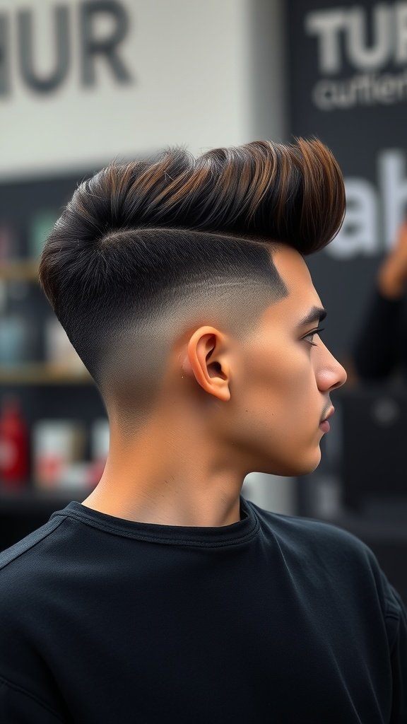 A stylish low fade haircut with high volume on top, showcasing a clean fade and textured hair.