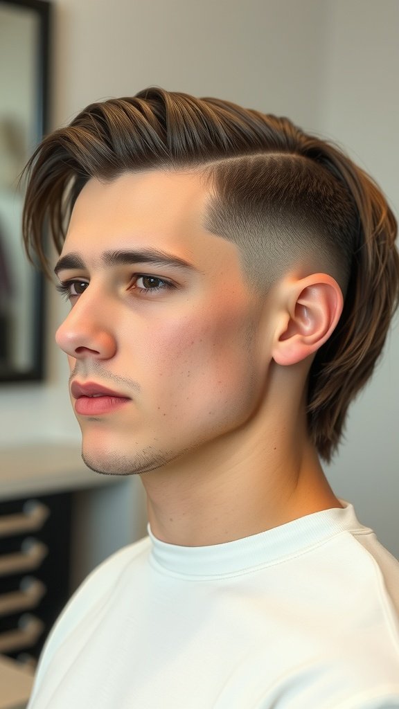 A young man with a low fade haircut, showcasing a contrast between short sides and longer hair on top.