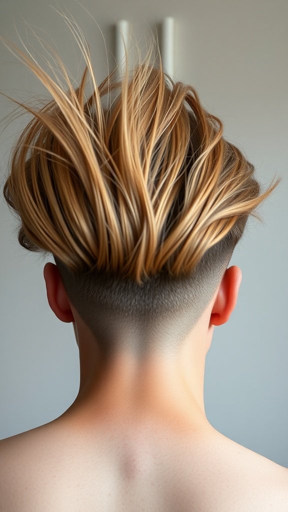 A stylish low fade haircut with long hair on top, showcasing volume and movement.
