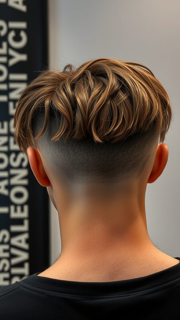 A stylish low fade haircut with long layers on top, showcasing a smooth transition from short to long hair.