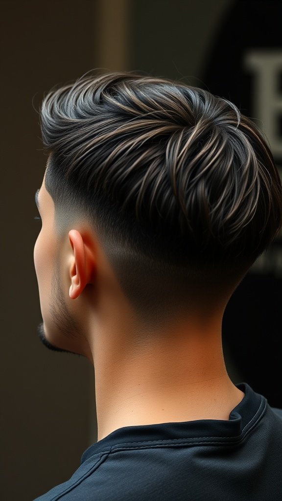 A stylish low fade haircut featuring a long top and short sides, showcasing a clean and modern look.