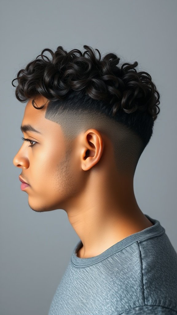 A young man with natural curls styled in a low fade haircut, showcasing the contrast between the voluminous curls and closely cropped sides.