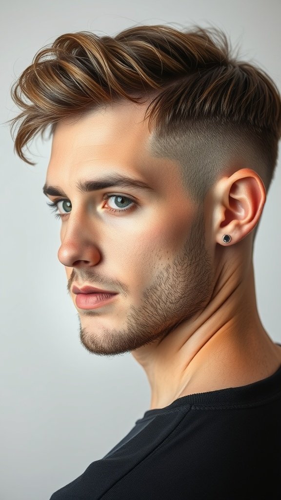 A young man with a low fade haircut and natural waves, showcasing a stylish and modern look.