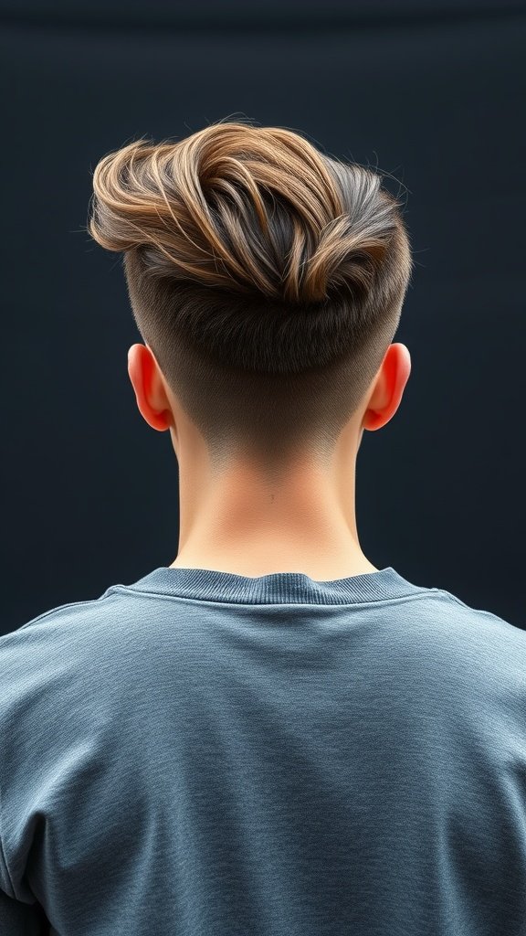 A stylish low fade haircut with a voluminous quiff, showcasing a clean and modern look.