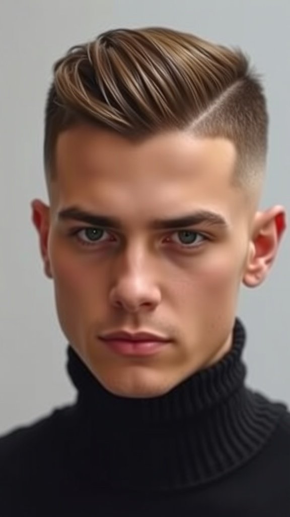 A stylish young man with a low fade haircut and sharp edges, wearing a black turtleneck.