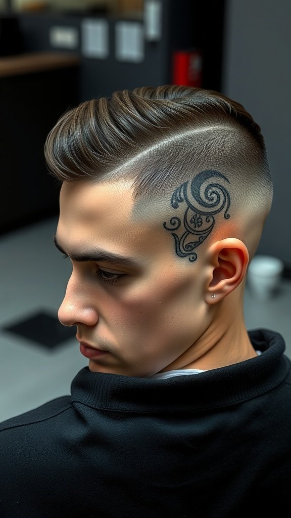 A stylish low fade haircut with a shaved design on the side, showcasing a swirling pattern.