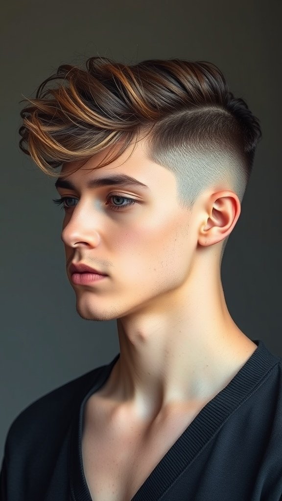 A young man with a low fade haircut featuring side-swept curls, showcasing a stylish and modern look.