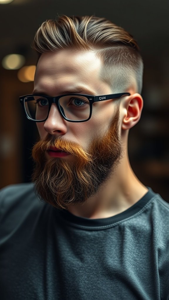 A man with a low fade haircut, side part, and a well-groomed beard, showcasing a stylish and modern look.