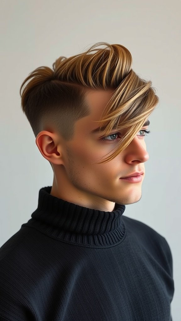 A young man with a low fade haircut featuring a side part and long hair styled upwards.
