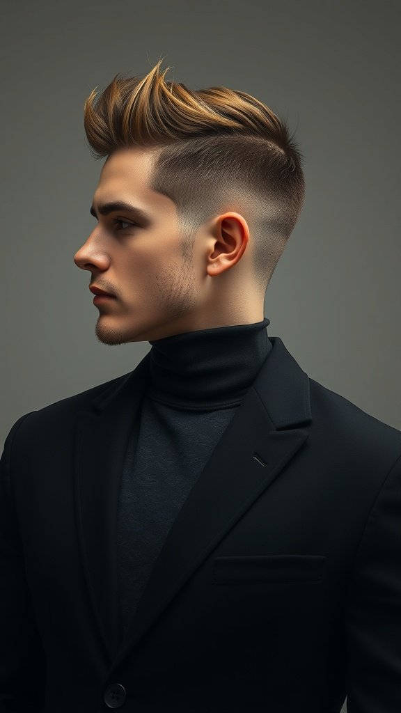 A stylish low fade haircut with side swept hair, showcasing a clean fade and voluminous top.