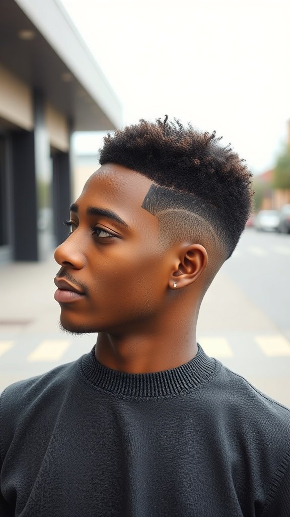A man with a low fade haircut and tapered afro, showcasing a stylish blend of short sides and voluminous top.