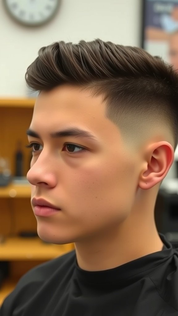 A young man with a low fade haircut and tapered sides, showcasing a stylish and modern look.