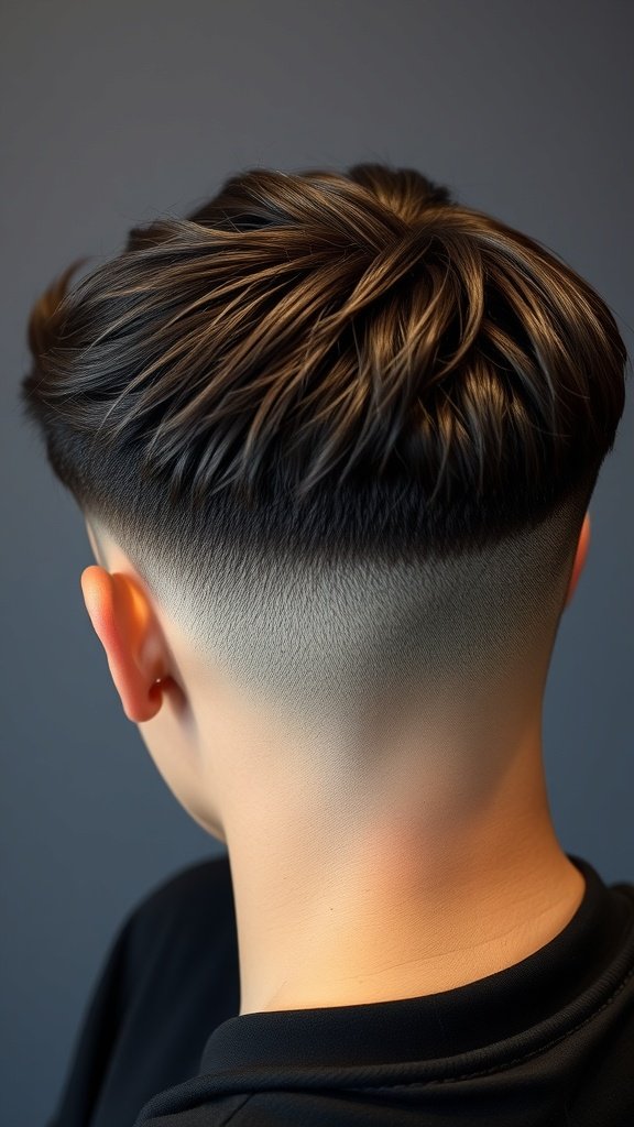 A stylish low fade haircut with a textured crop on top, showcasing a clean fade and voluminous hair.