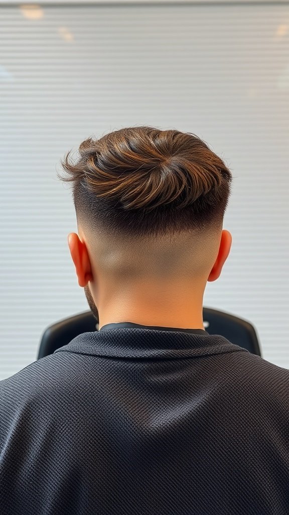 A low fade haircut with a textured top, showing the back view of the hairstyle.