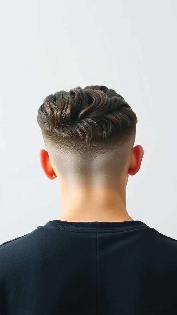 A low fade haircut with wavy hair on top, showcasing a stylish blend of textures.