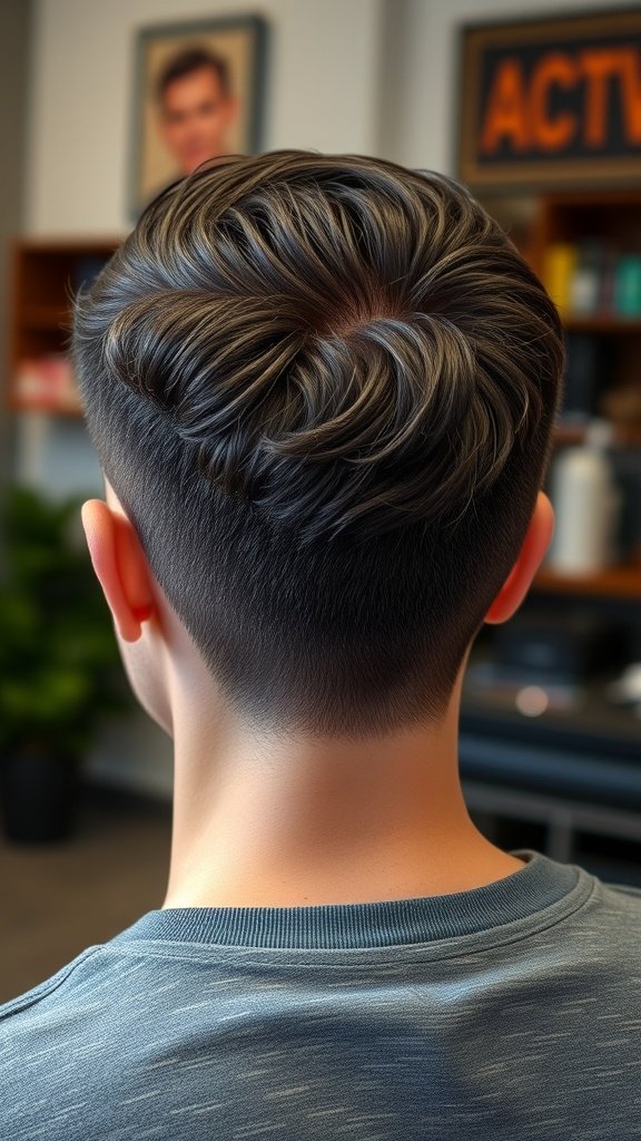 A stylish low taper fade haircut for thick hair, featuring a wavy top and clean sides.