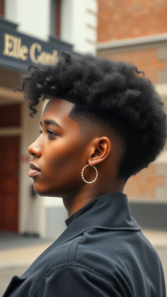 A person with a low taper fade haircut and afro, showcasing defined curls and a clean fade.