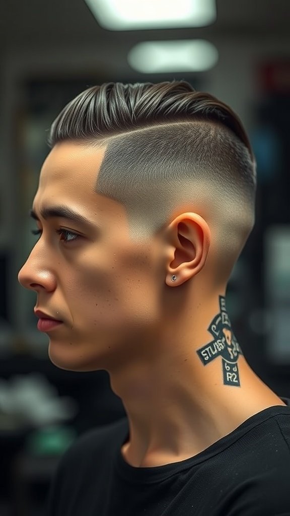 A man with a low taper fade haircut featuring an artistic design on the side.