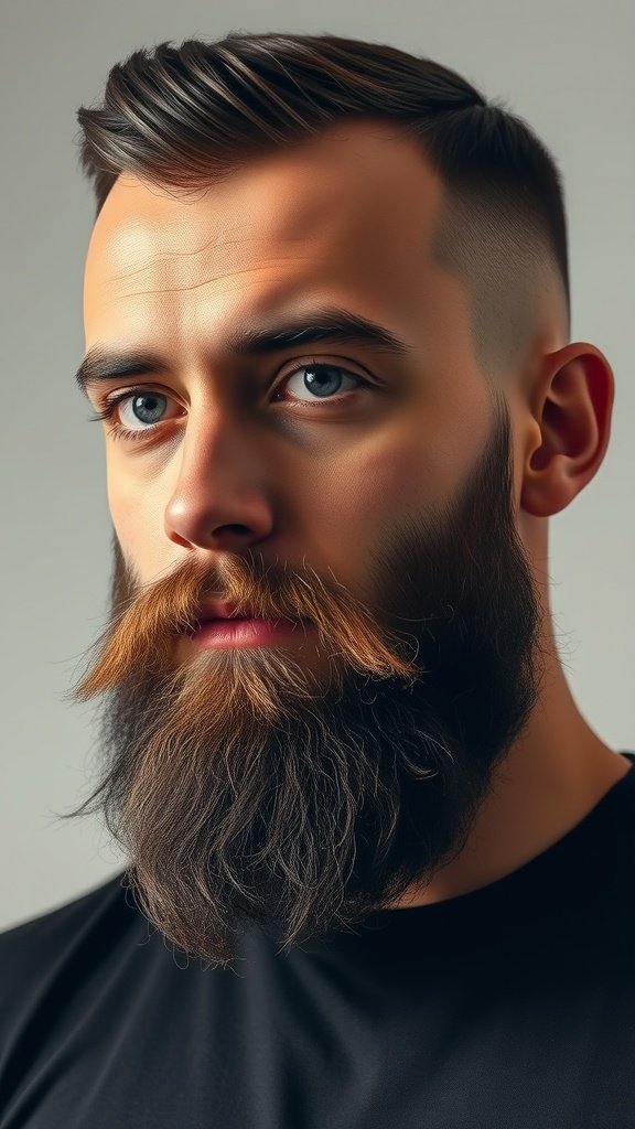 A man showcasing a low taper fade haircut with a well-groomed beard.